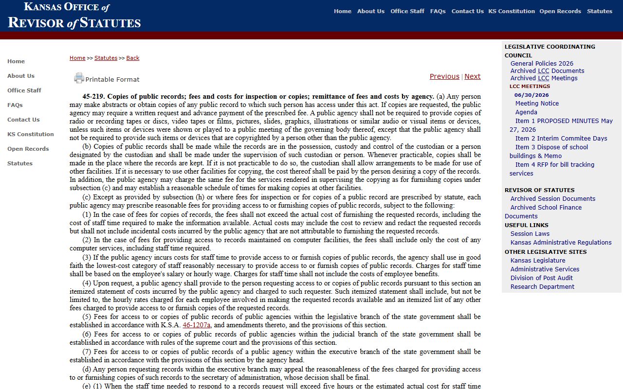Logan County Clerk of the District Court Kansas public records fee statute
