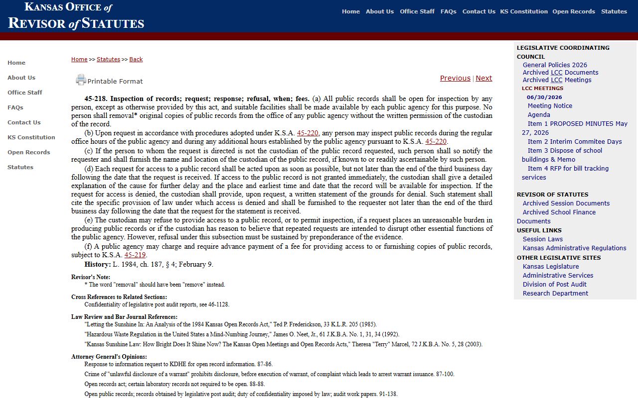 Logan County Clerk of the District Court Kansas inspection request statute