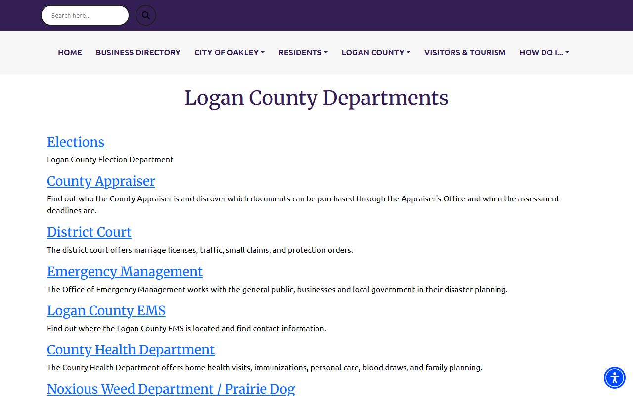 Logan County District Court departments page with court services