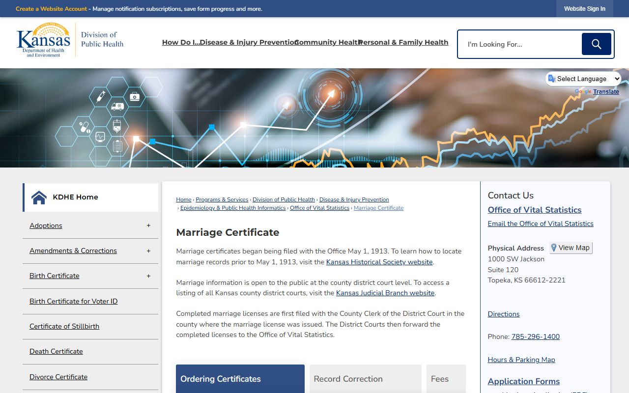 Logan County marriage records KDHE marriage certificate ordering page
