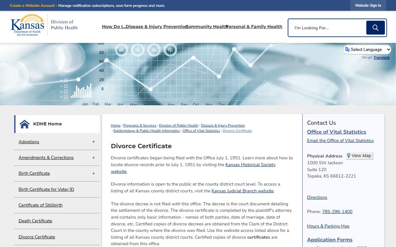 Logan County divorce records KDHE divorce certificate ordering page