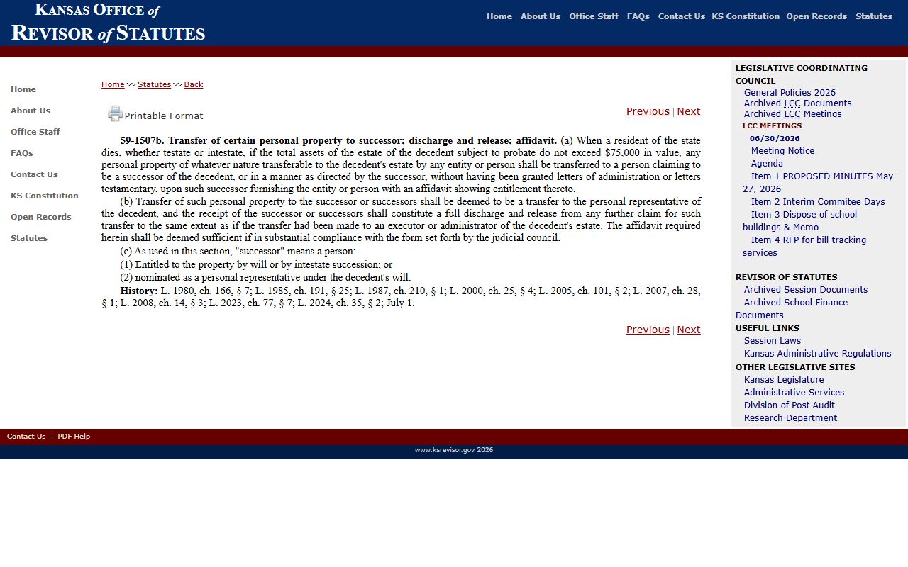 Logan County probate records Kansas small estates affidavit statute